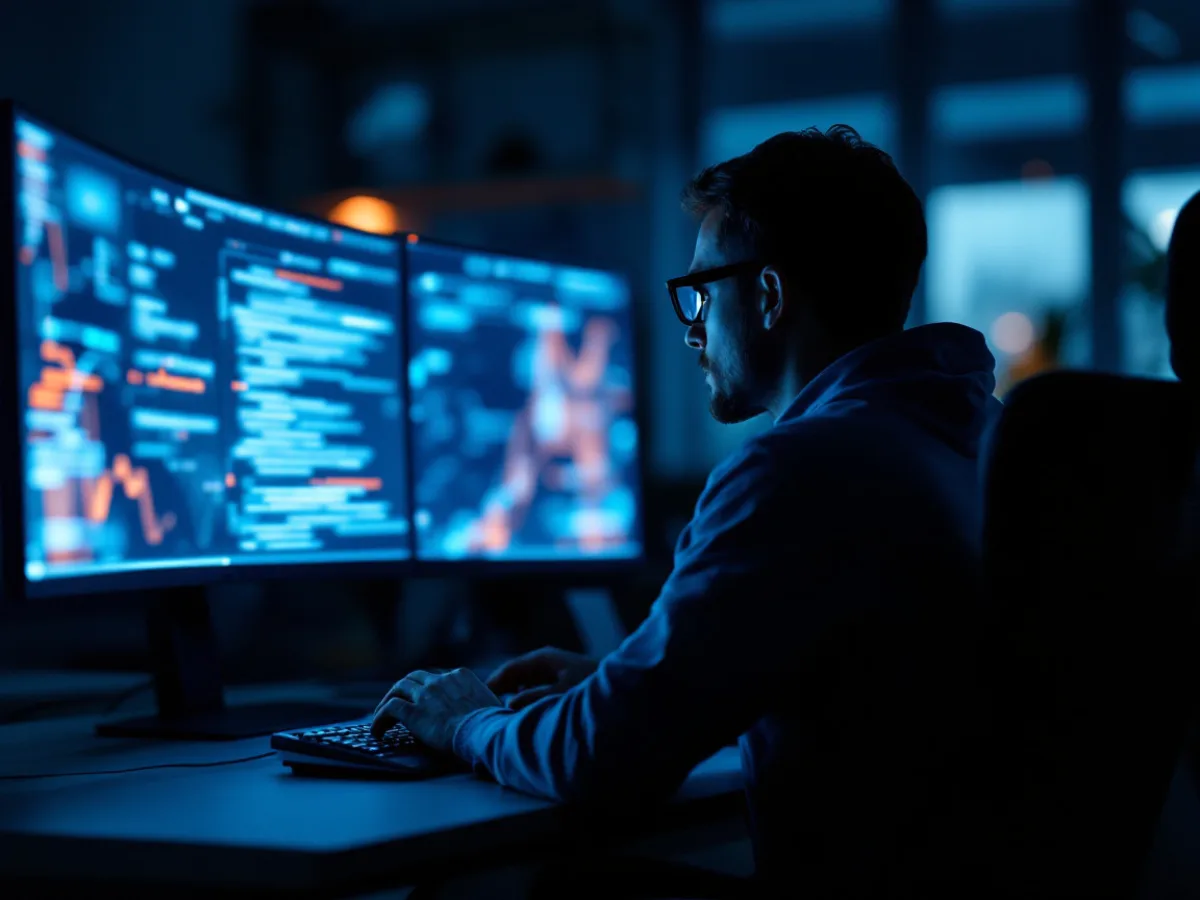 IT security analyst monitoring a law firm network at night in front of two screens