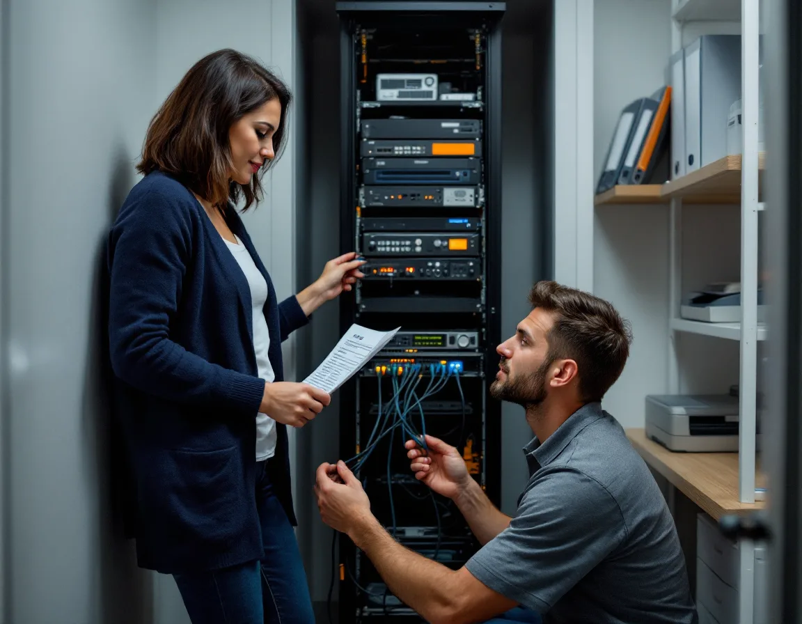 Office manager in a navy cardigan holding an equipment list beside an open network rack in a storage closet while a technician kneels and checks the patch cables