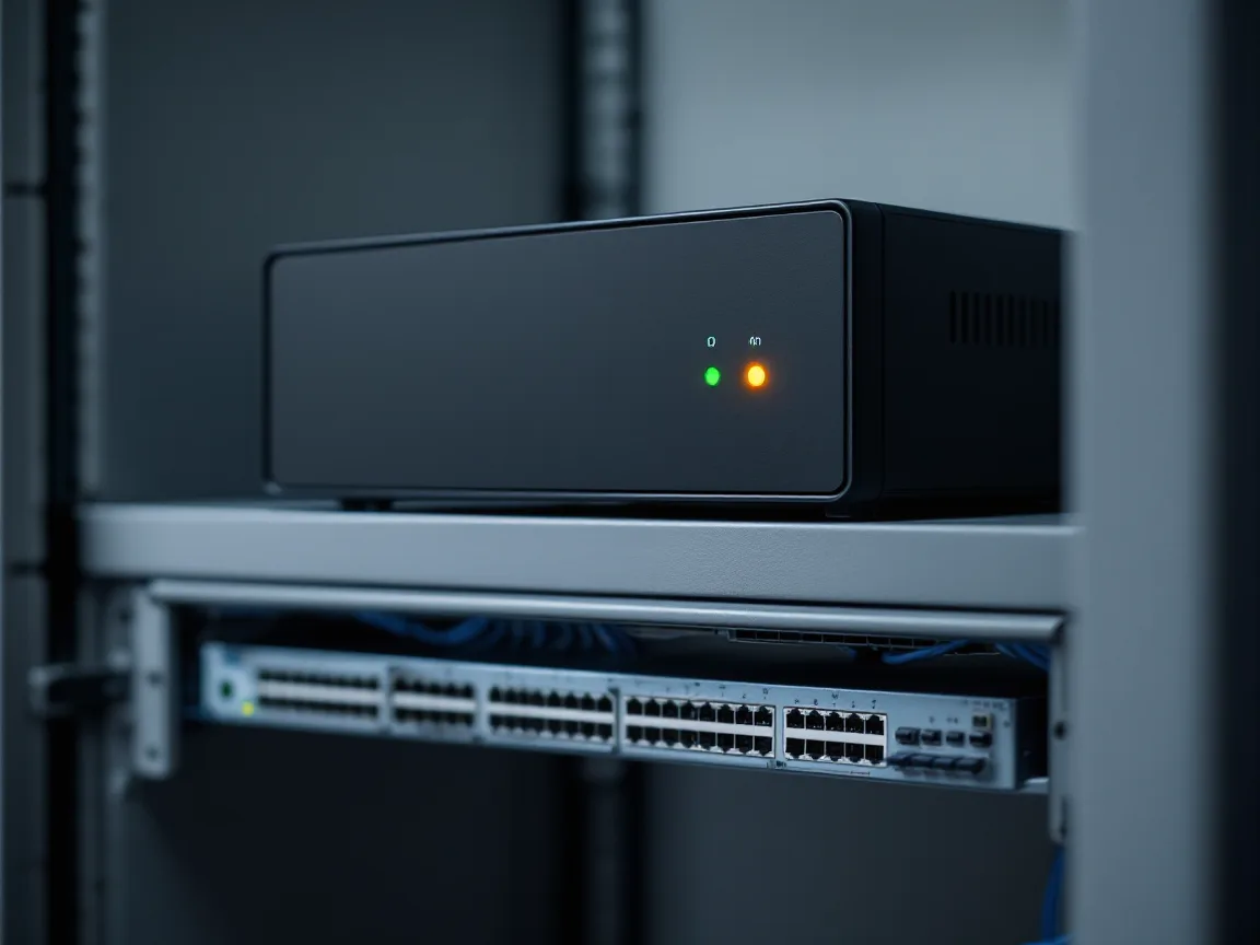 Black backup appliance with green and amber status lights on a gray rack shelf above a network switch with blue patch cables in a small office IT closet
