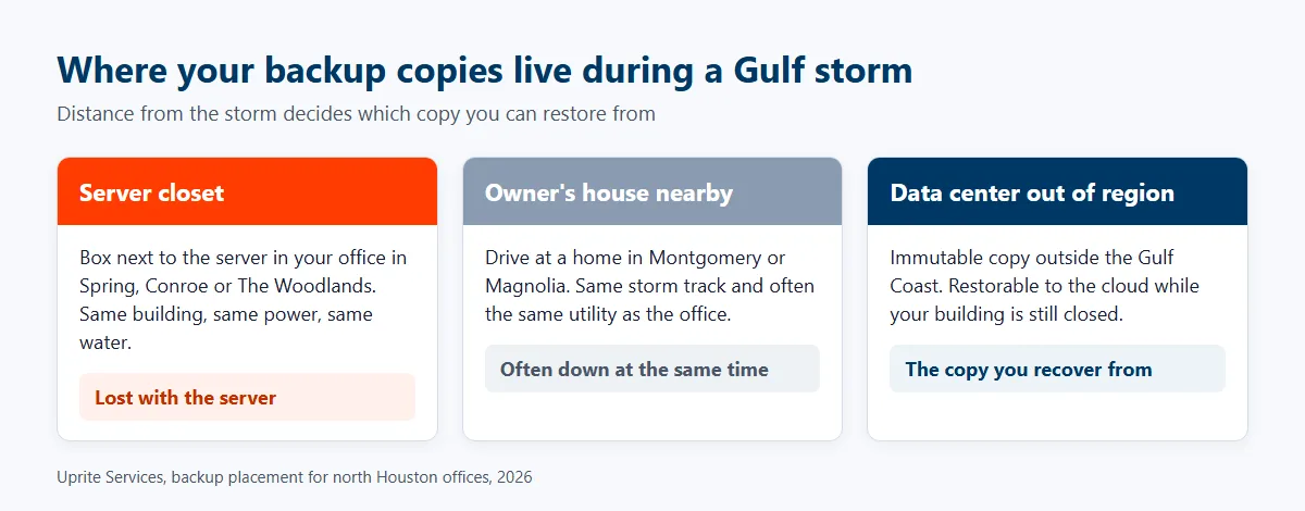 Three cards comparing backup copy locations during a Gulf storm, a server closet copy lost with the server, a drive at a nearby home often down at the same time, and an out-of-region data center copy you recover from