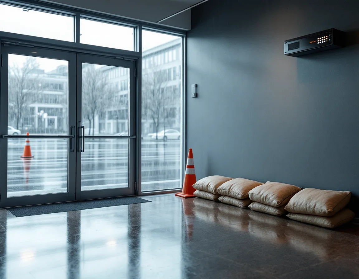 Office lobby with sandbags at the doors and network equipment mounted high on the wall above flood level