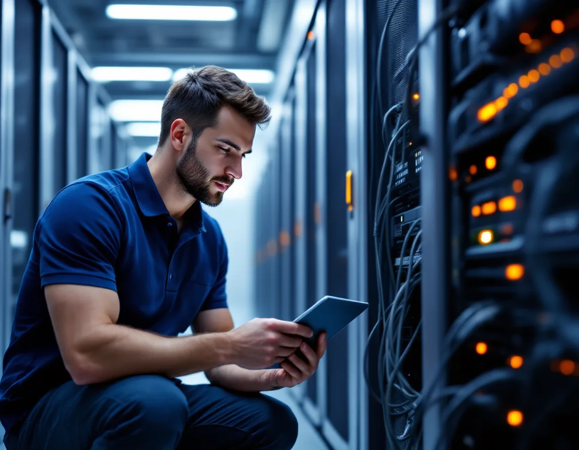 IT engineer checking a rack-mounted backup appliance on a tablet beside a server rack