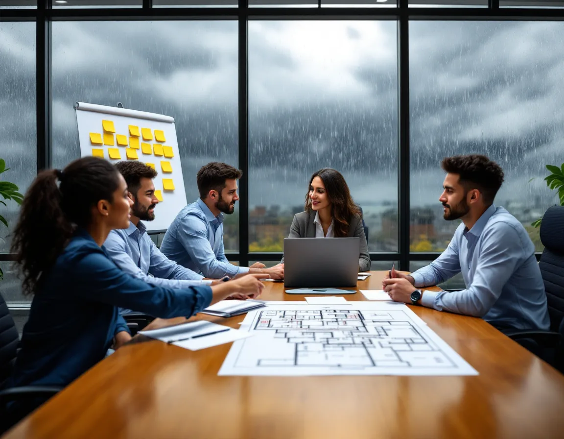 Office team running a disaster recovery tabletop exercise with a floor plan while rain hits the windows