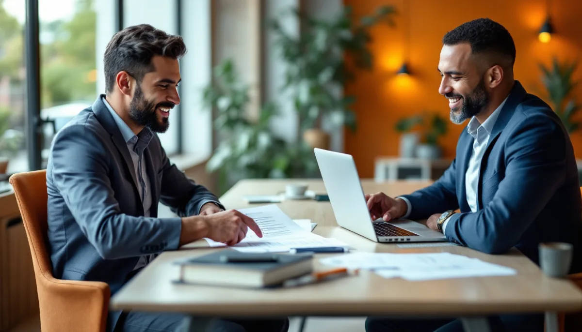 Business owner and advisor reviewing a checklist and laptop together across a desk