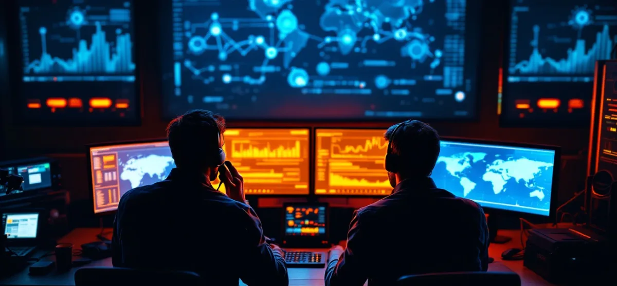 Two security analysts on headsets working at a dim operations desk with several monitors