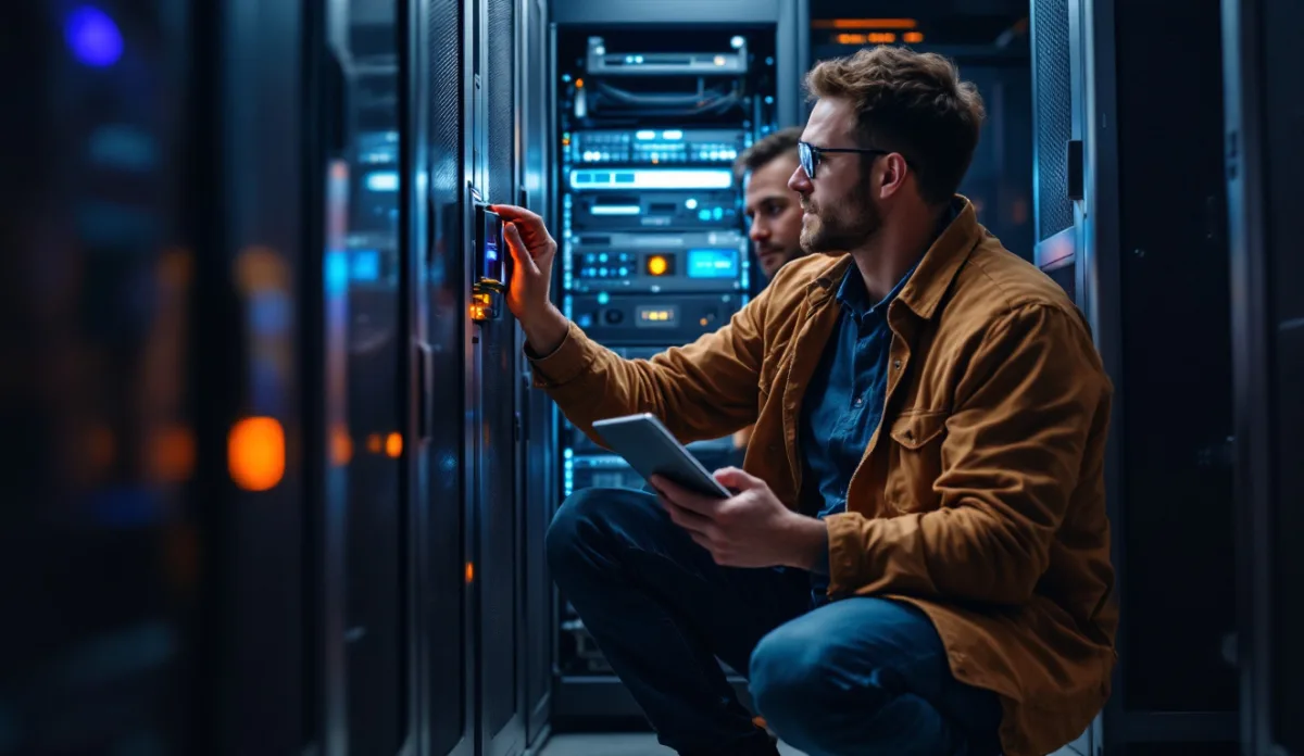 IT technician crouched at an open server rack restoring a drive while a colleague watches