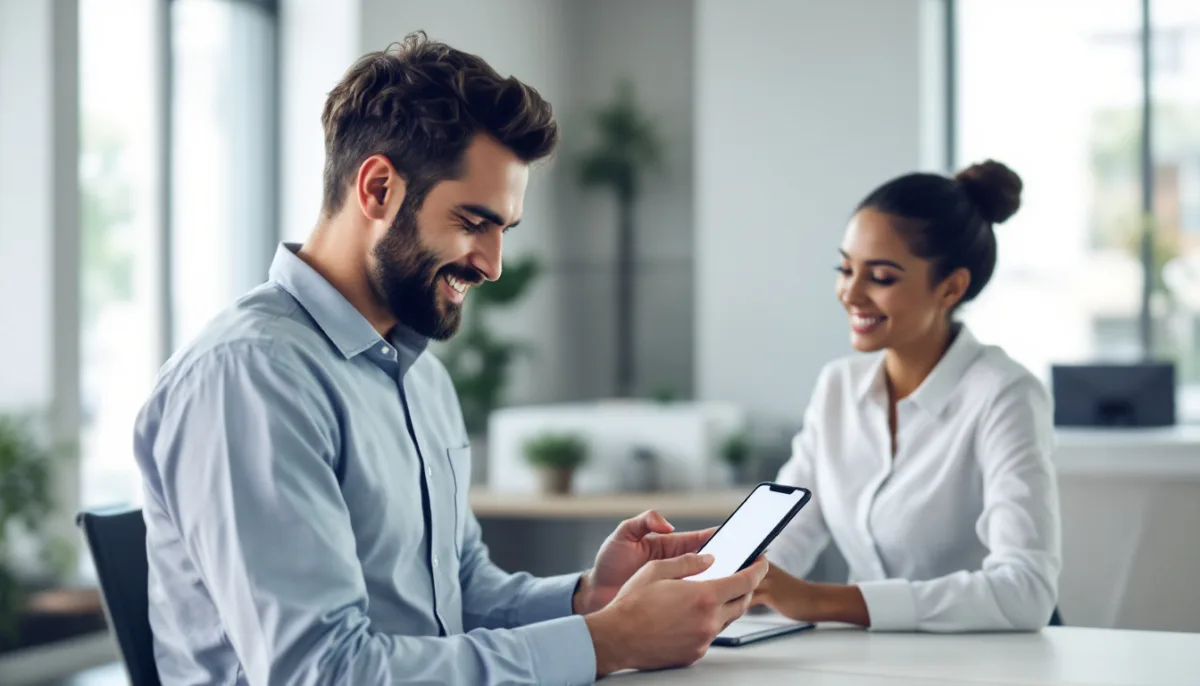 IT engineer showing an office manager an approval prompt on a smartphone at a reception desk