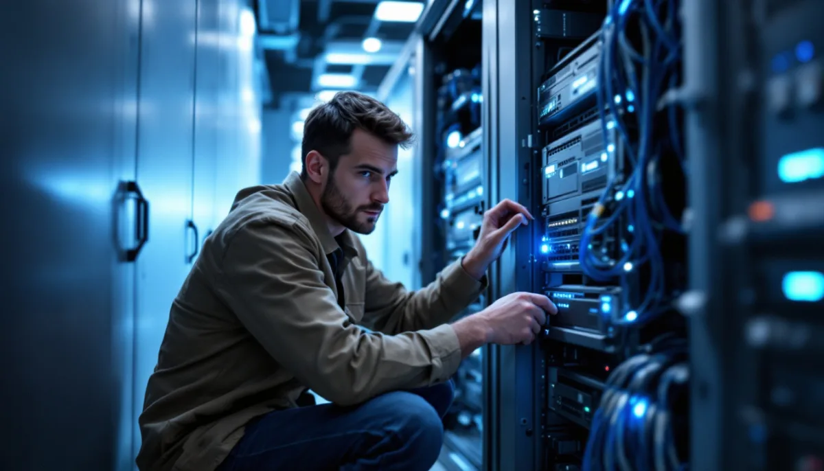 Technician crouched beside a small server rack checking a backup storage drive in a network closet