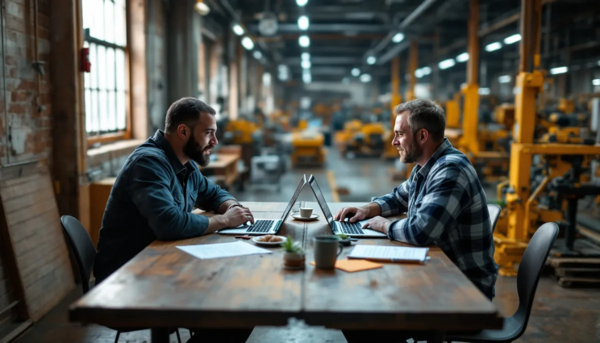 Two manufacturing company owners comparing IT provider options on laptops at a table overlooking the plant floor