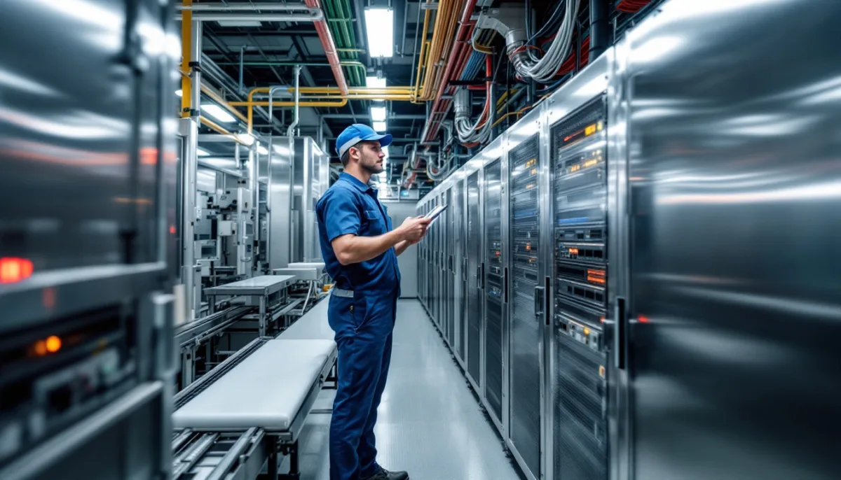 Engineer with a tablet checking network and control cabinets beside a stainless steel conveyor line in a food packaging plant