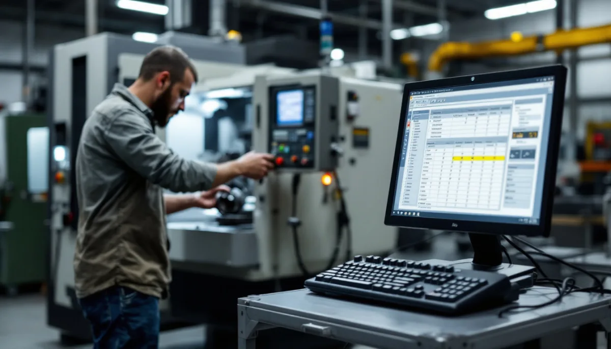Machinist loading a part into a CNC mill beside a shared shop-floor computer terminal on a steel stand