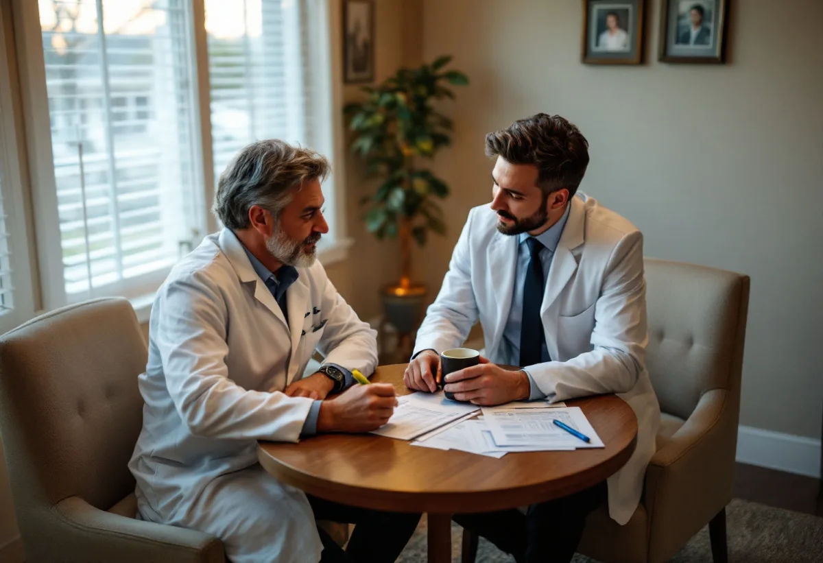 Two dentists comparing printed managed IT proposals at a small table after hours