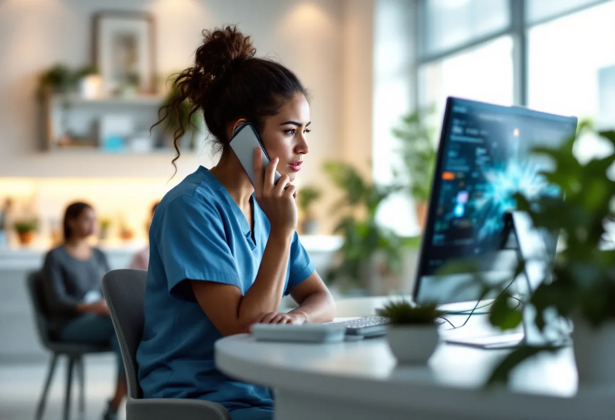 Dental receptionist on the phone with IT support while patients wait during a front desk computer outage