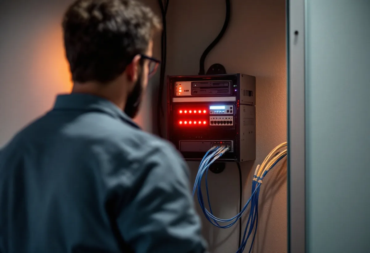 Technician checking fault lights on the server, backup appliance and switch in a dental office network closet