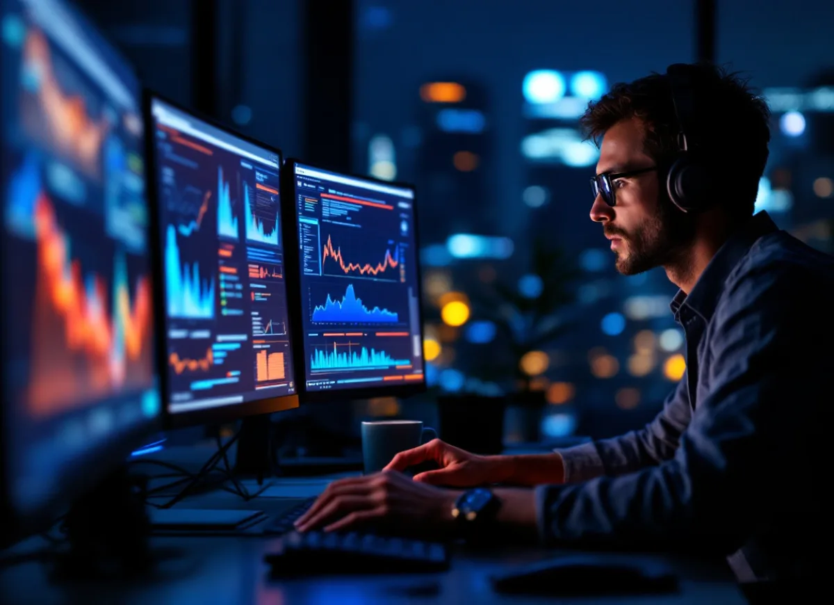 Security engineer reviewing an overnight alert on monitoring screens in a Dallas operations room