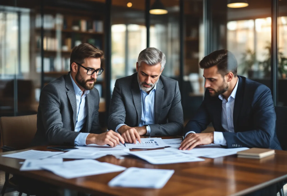 Three Dallas law firm partners comparing printed managed IT proposals spread across a conference table