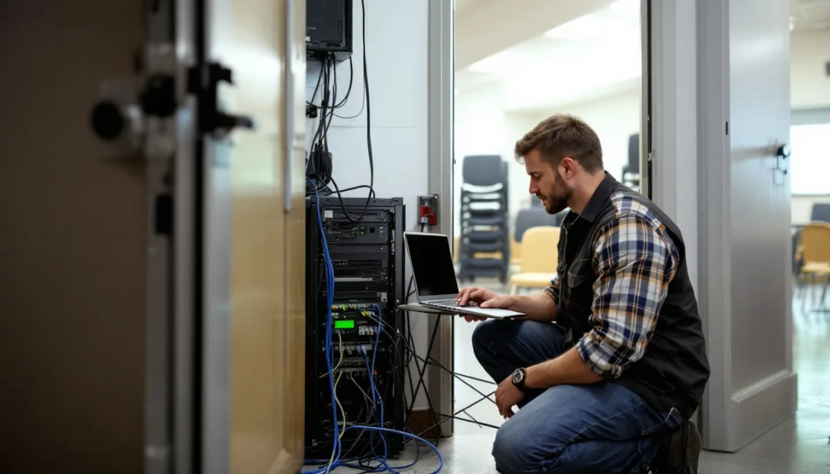 IT technician checking a network rack with a laptop in the utility closet off a church fellowship hall