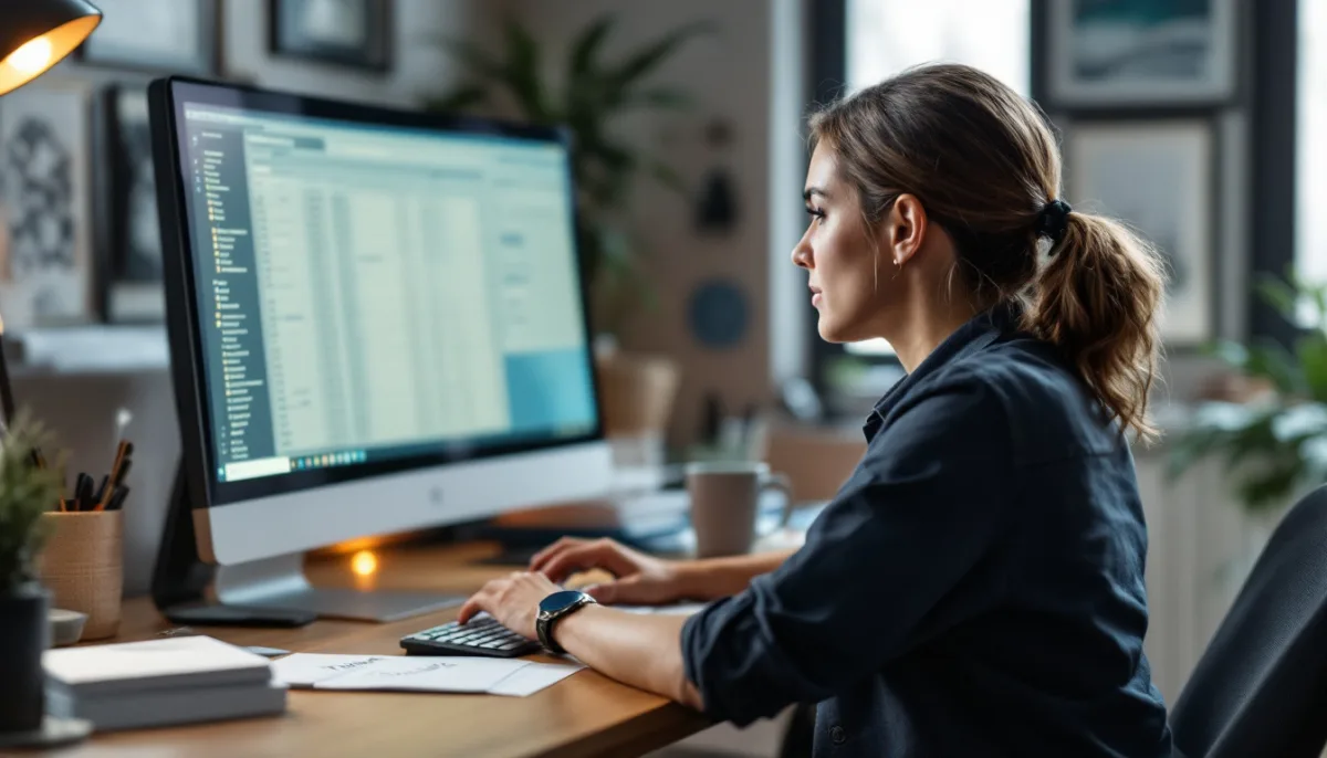Development director reviewing donor records on a desktop monitor in a nonprofit office