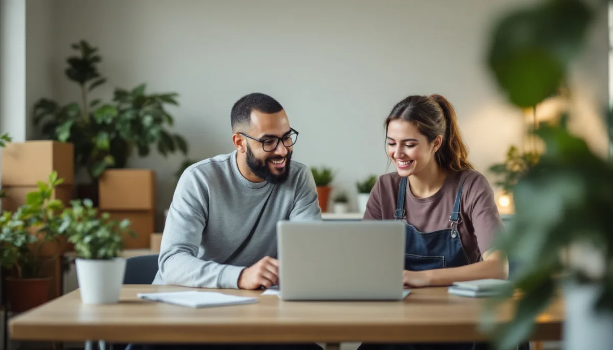 Nonprofit executive director and operations manager reviewing a laptop together at a shared table in a small office