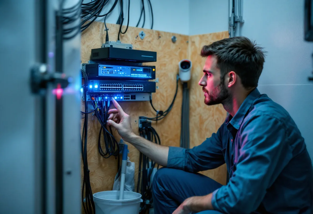 IT technician checking the switch, firewall and camera recorder in a utility closet at an apartment leasing office