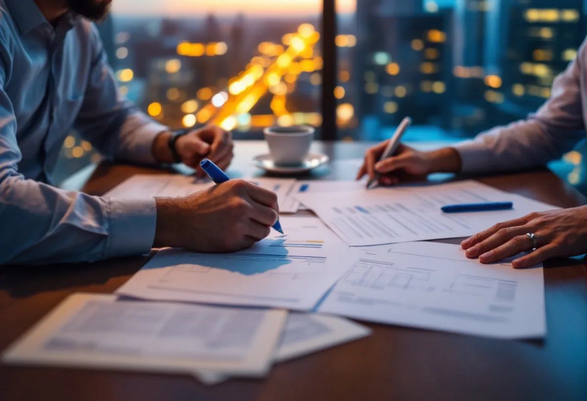 Two commercial real estate partners comparing printed IT service proposals in a Dallas high-rise office at dusk