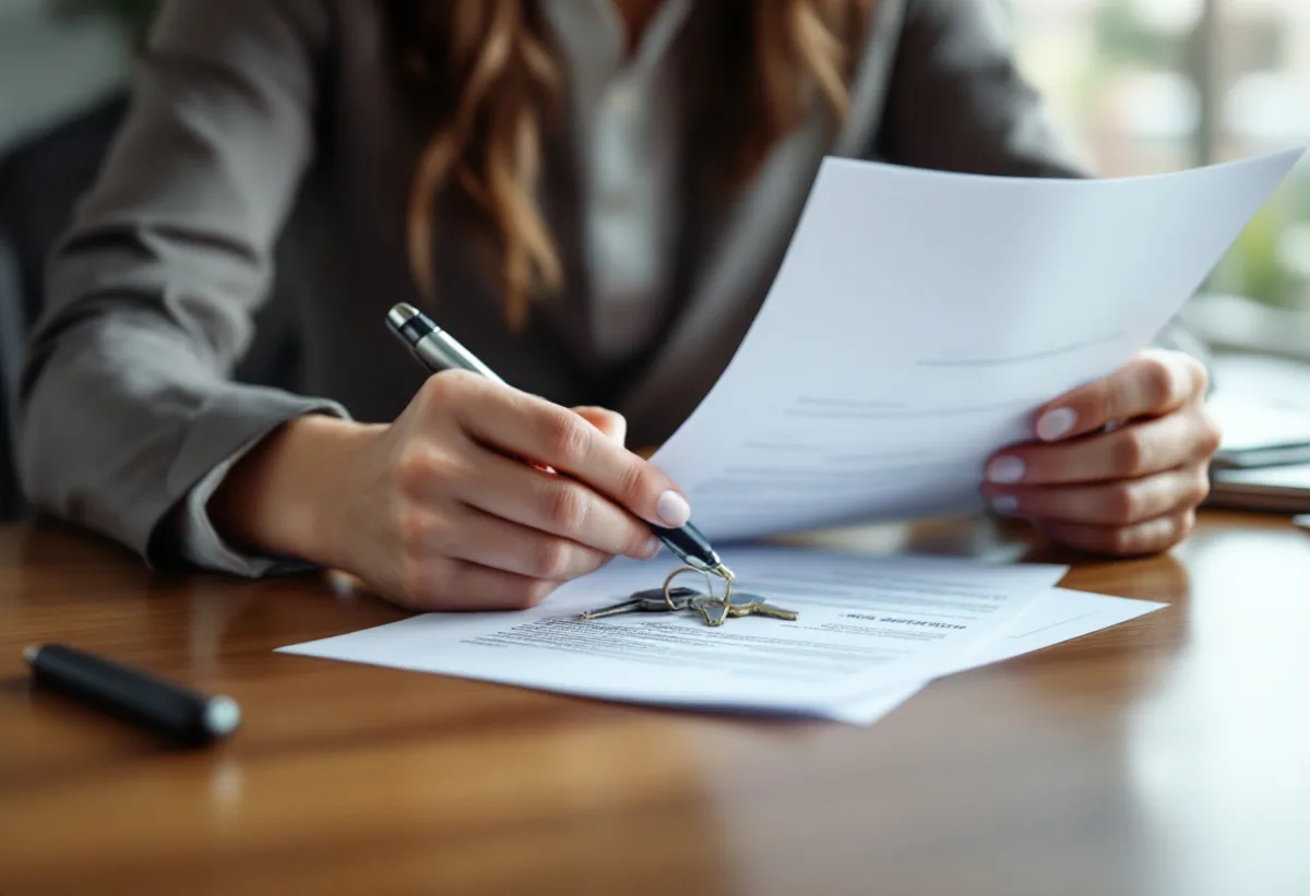 Title company closer reviewing printed wire instructions and closing documents beside a set of house keys