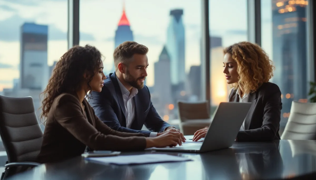 Real estate broker and two colleagues reviewing a closing file on a laptop in a high-rise office at dusk