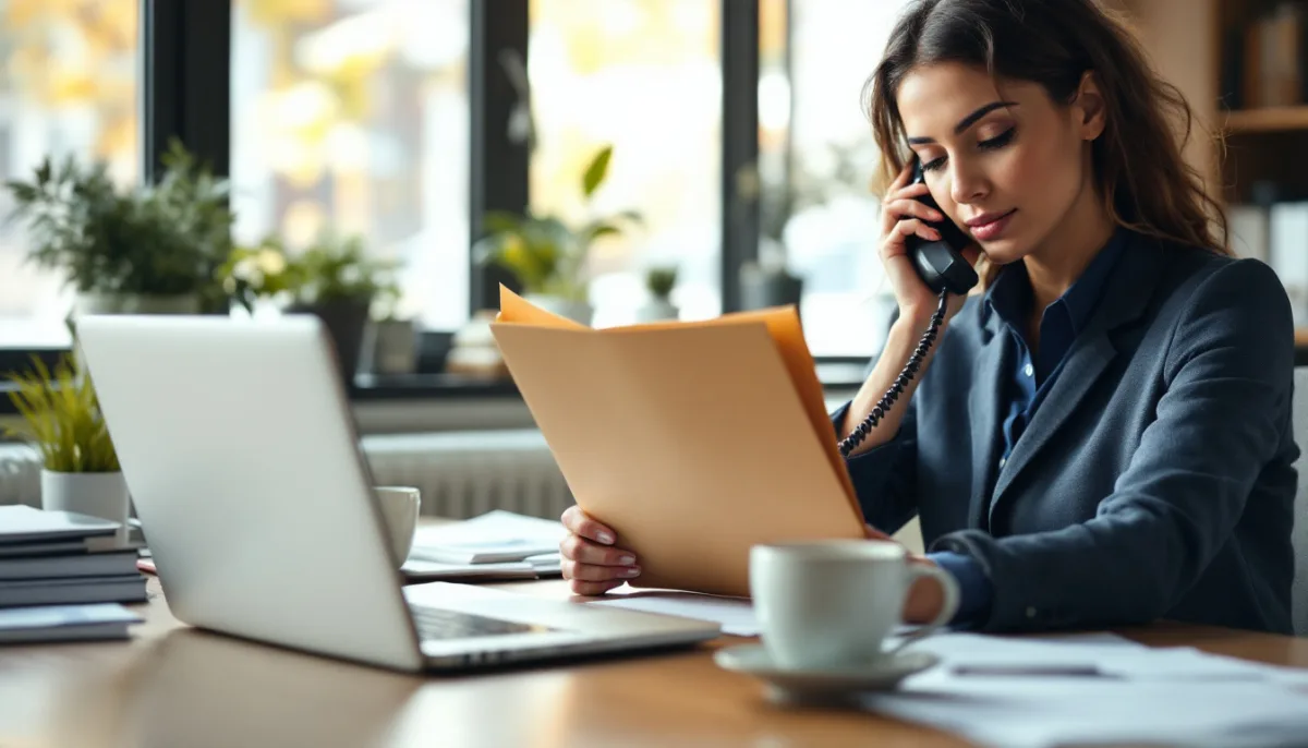 Escrow officer on a desk phone reviewing a closing folder to verify wire instructions by callback