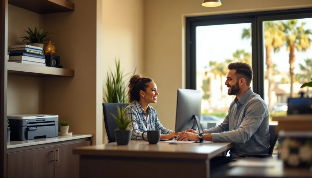 Leasing agent at a shared front desk workstation helping a prospective resident in an apartment leasing office