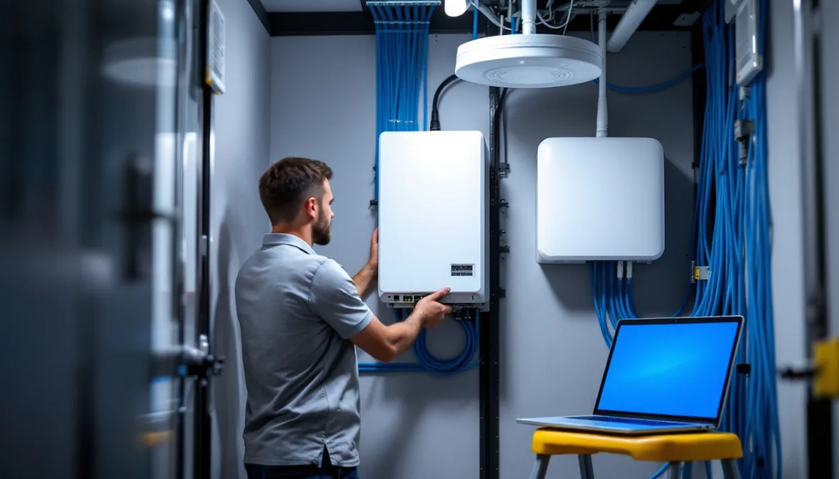 IT technician mounting a firewall and wireless access point in a small property management office network closet