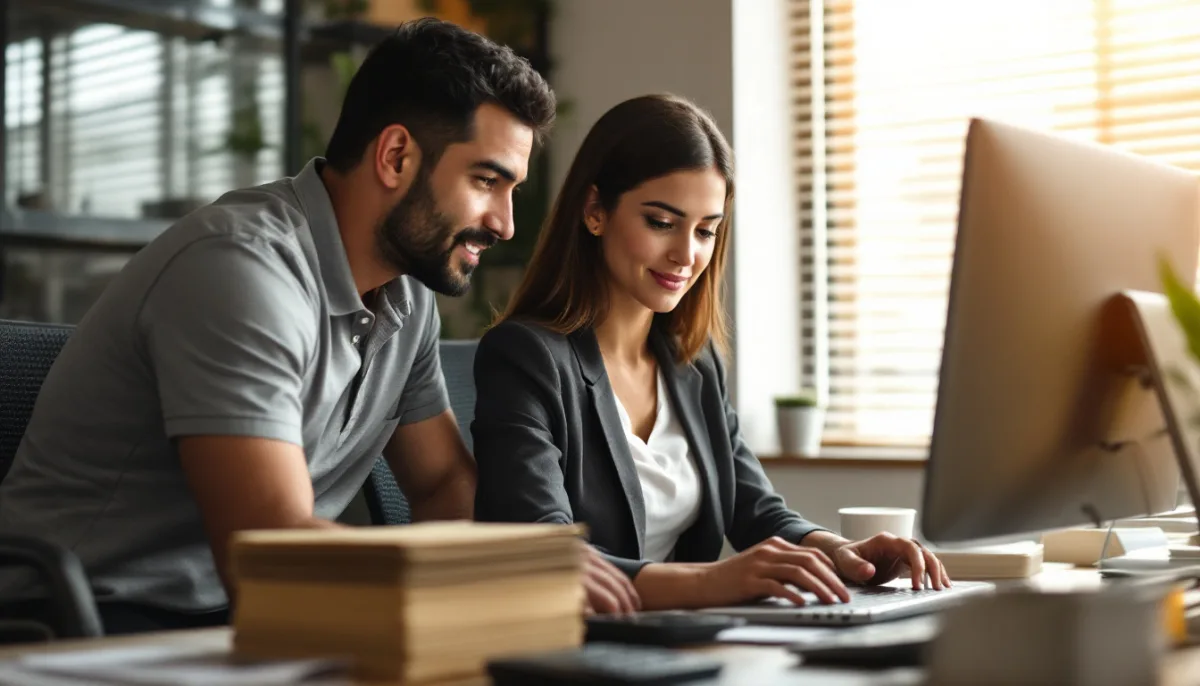 IT support technician helping an accountant at her desk in a Houston CPA firm office, a stack of client folders in the foreground
