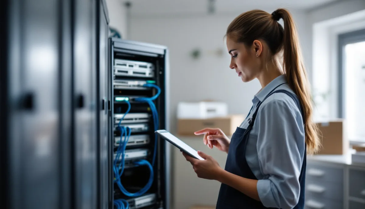 IT engineer reviewing backup and network status on a tablet beside the server rack in an accounting office back room