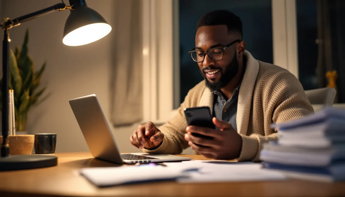 Tax preparer working late at home approving a multi-factor authentication prompt on his phone beside a laptop and client organizers