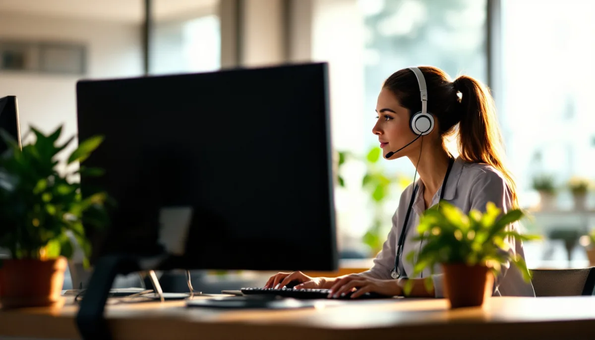 Clinic office manager on a headset with the IT help desk while working at the front desk computer