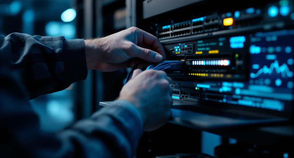 Network technician plugging a patch cable into a switch in a small office network rack