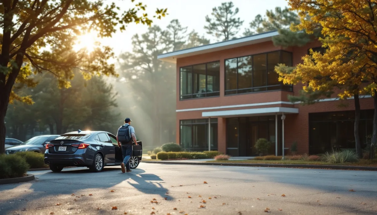 IT technician with a laptop backpack walking from his car to a brick office building in a wooded office park