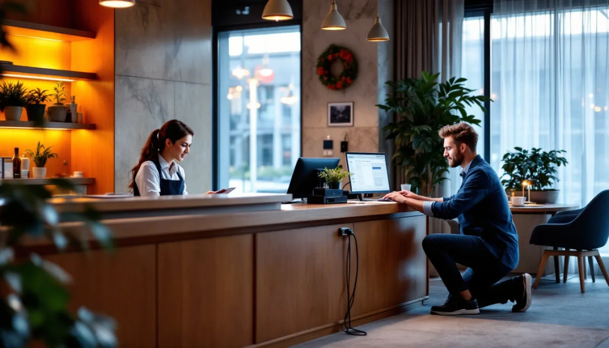 IT technician crouched at a boutique hotel front desk computer while a clerk works at the counter