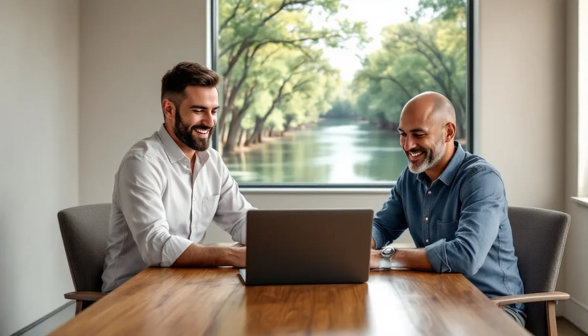 Business owner and IT consultant reviewing a laptop at a wooden table with a tree-lined river outside the window