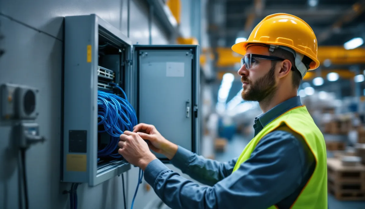 Technician in a hard hat and safety glasses working on network cables inside a wall cabinet on a factory floor