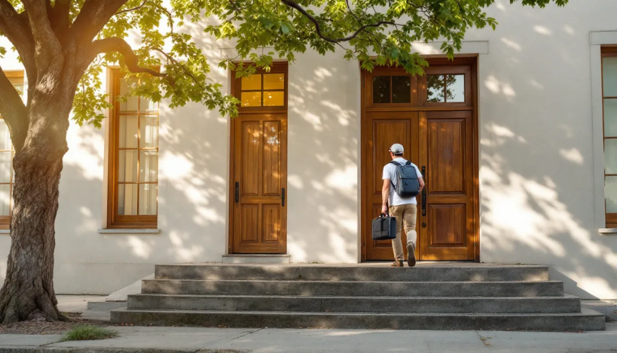 IT technician with a backpack and toolkit walking up the steps of a limestone office building shaded by a live oak