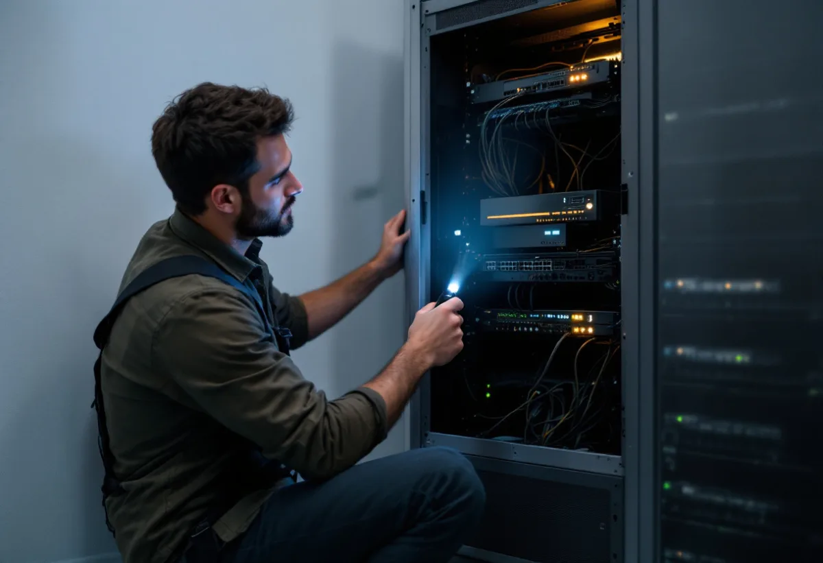 IT technician kneeling at an open network rack with a flashlight, checking patch cables and a firewall in a small office closet