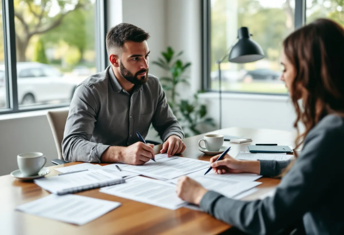 Operations manager and office manager comparing printed managed IT proposals at a conference table in a bright suburban office
