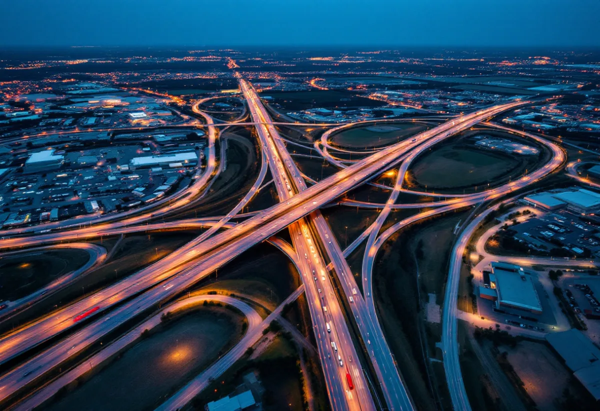 Aerial view at dusk of a North Texas toll road interchange with office parks and warehouses on both sides