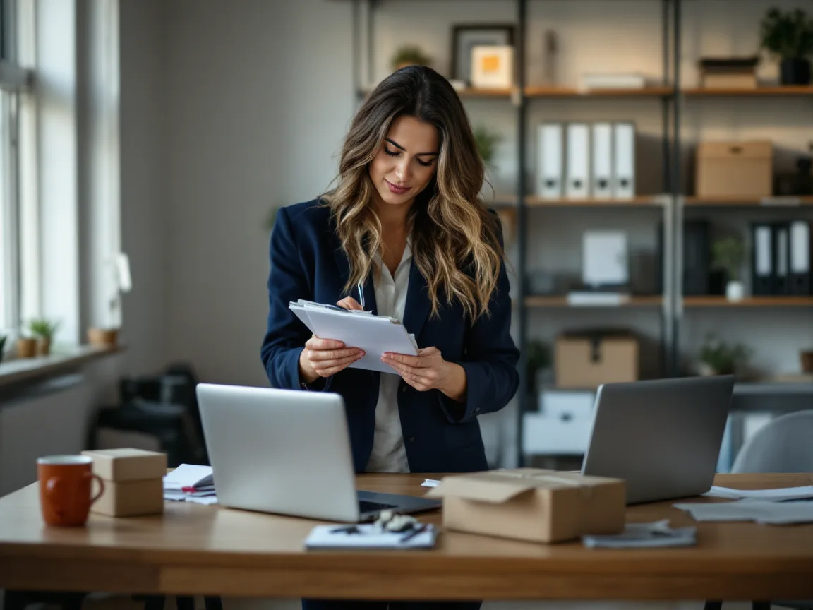 Office manager in a navy blazer reading a checklist on a clipboard at a work table with laptops and shipping boxes in the back office of a Dallas real estate brokerage