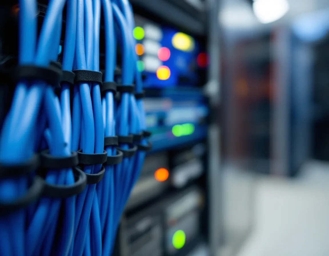 Neatly bundled blue network patch cables held by black ties running into a server rack with blurred green and amber status lights