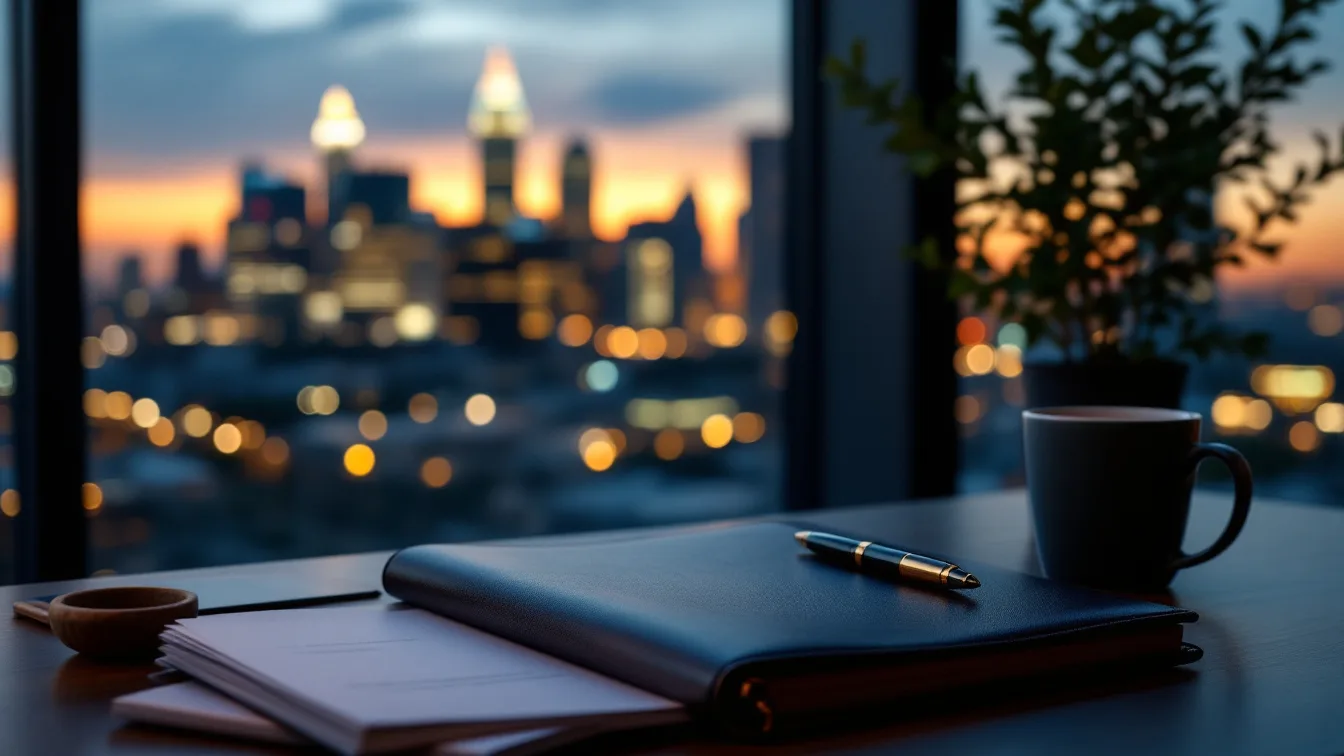 Business owner desk at dusk with a leather portfolio, pen and printed policy pages, city skyline blurred behind the window