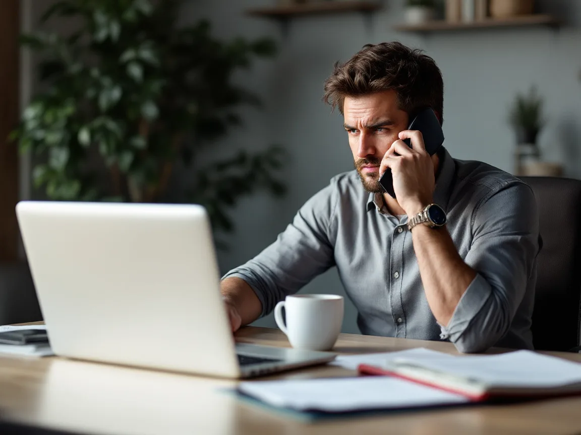 Business owner on the phone with a worried look while a laptop and a response binder sit on his desk