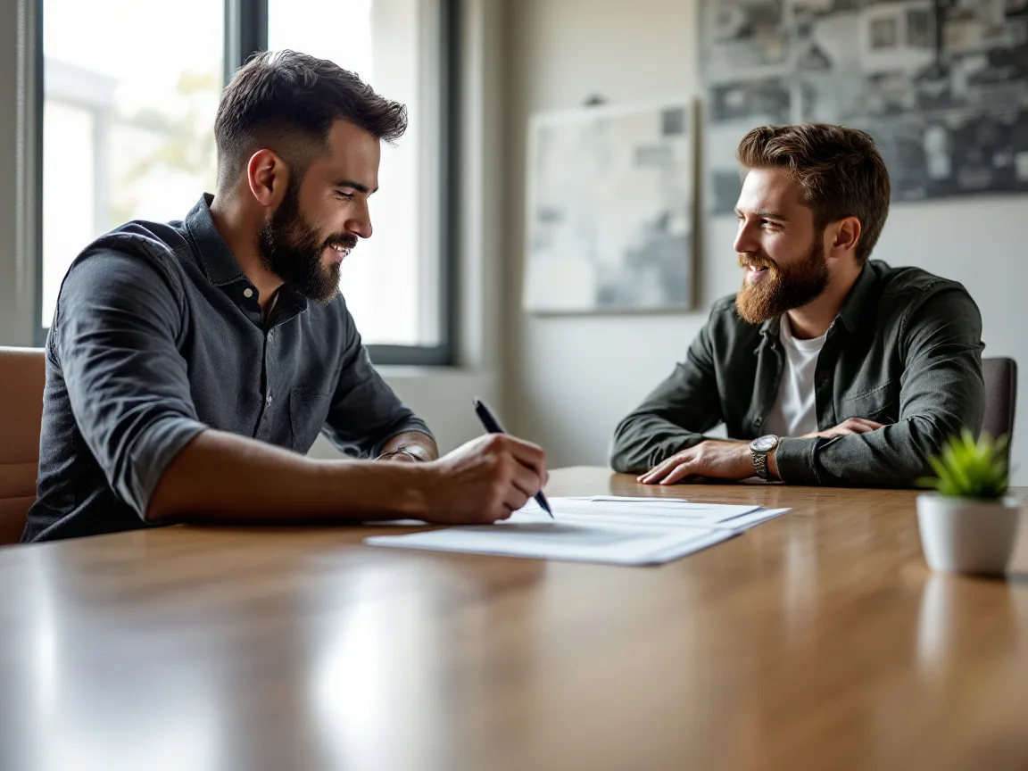 Business owner and IT account manager going through a printed managed IT service agreement across a conference table