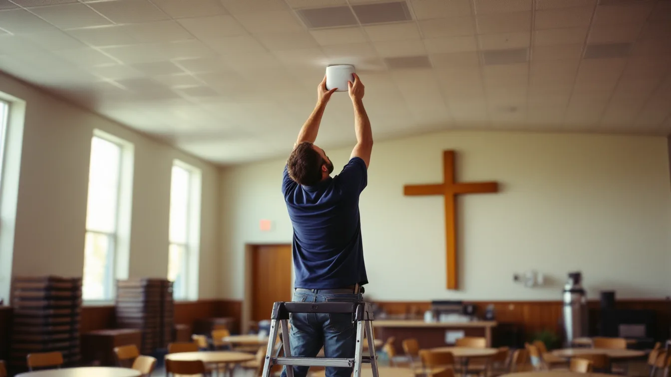 Technician in a navy polo on a stepladder mounting a white wireless access point to the ceiling of a church fellowship hall, with round tables, stacked chairs, and a wooden cross on the far wall