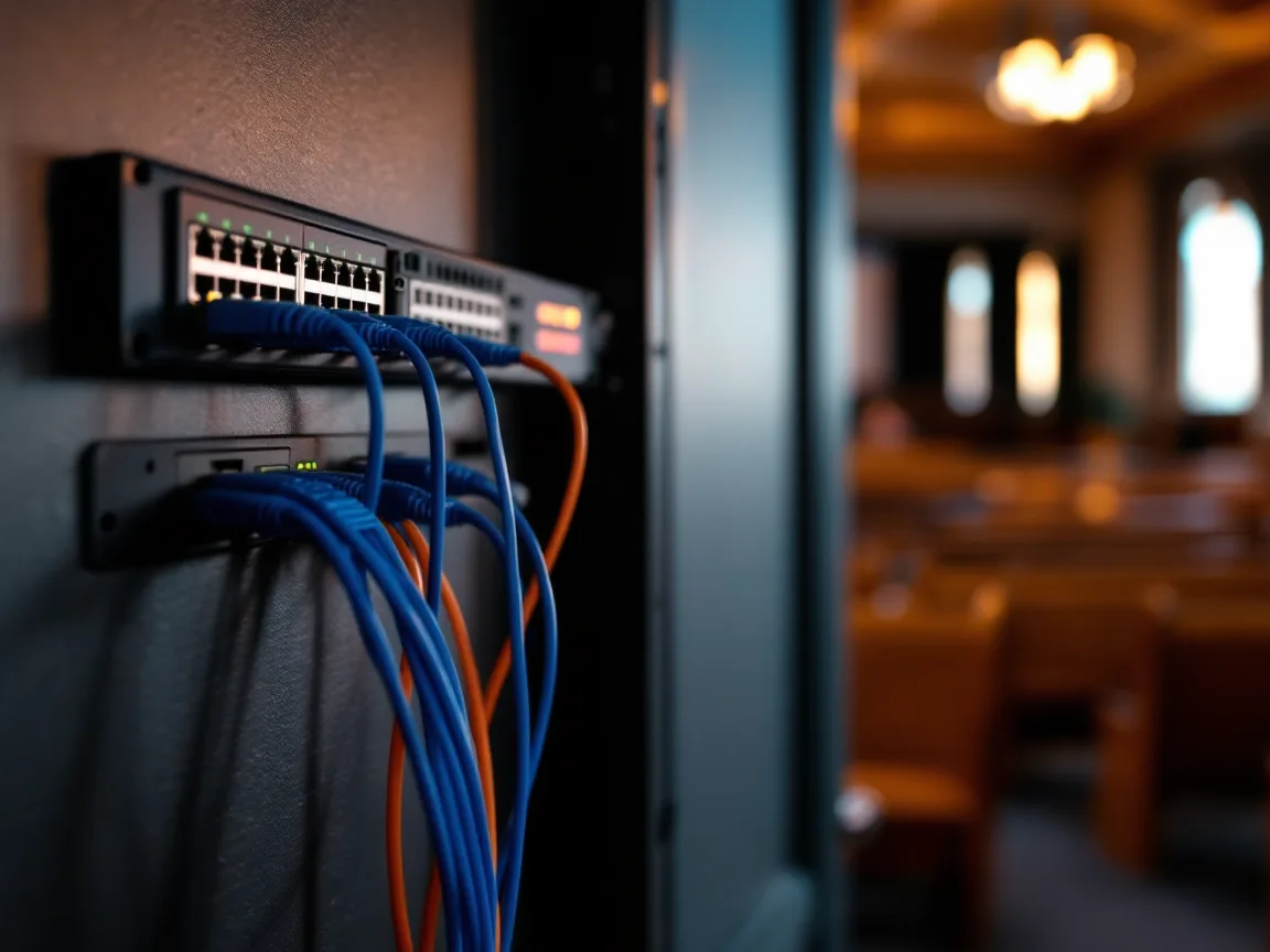 Wall-mounted network switch and patch panel with blue and orange cables in a small closet, with blurred church pews and warm sanctuary lights through the doorway